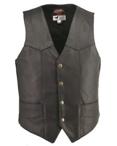 mens button closure black leather vest front