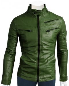 mens green leather jacket front