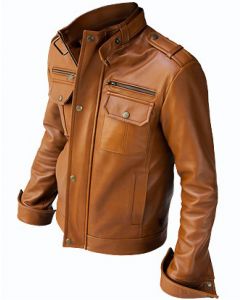 mens tan leather jacket front