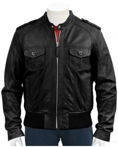 mens black bomber leather jacket front