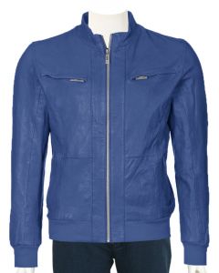mens blue leather jacket front