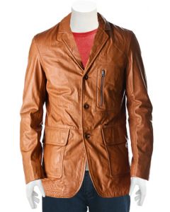 mens tan leather coat front
