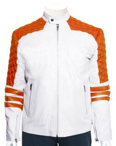 mens white and orange quilted leather jacket front