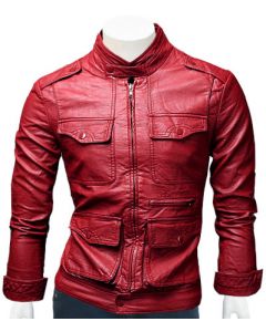 mens red leather jacket front