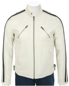 mens black stripes White leather jacket front