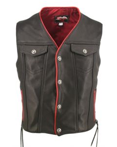 men silver buttons black leather vest front