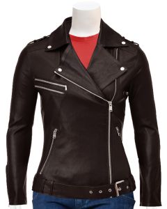 laides brown leather jacket front